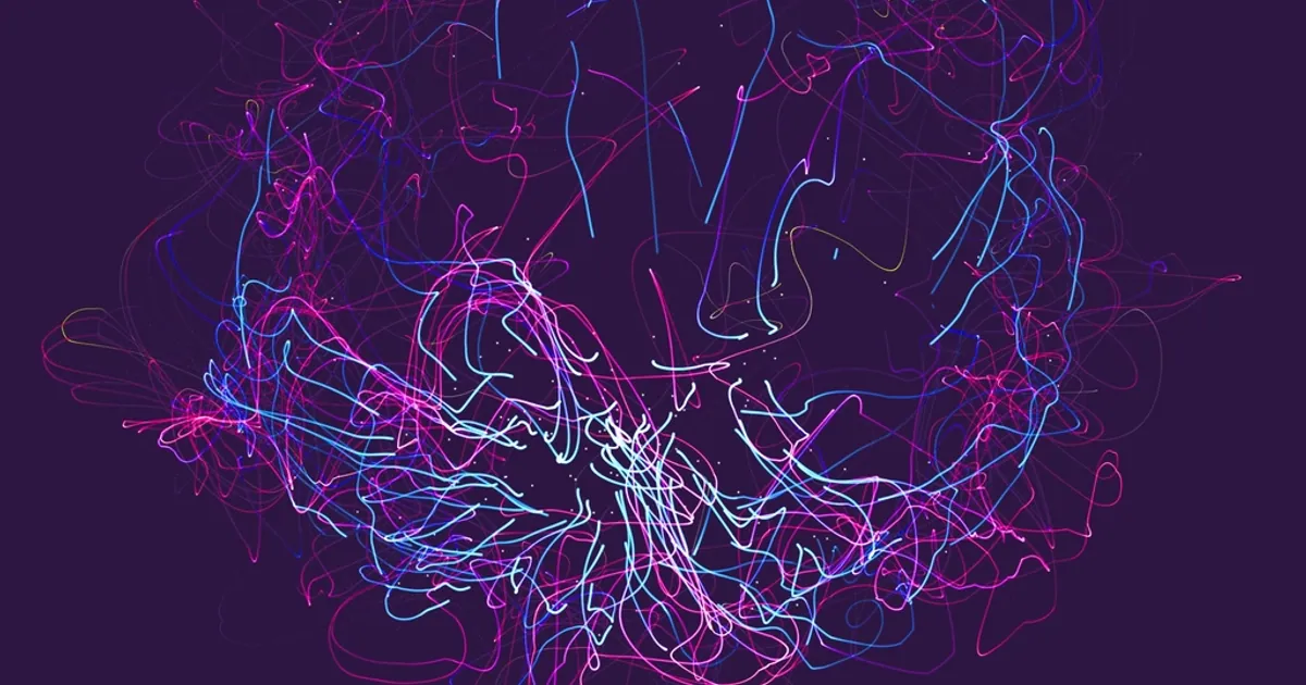 Trazos de luz azules y rosas entrelazados sobre un fondo violeta oscuro